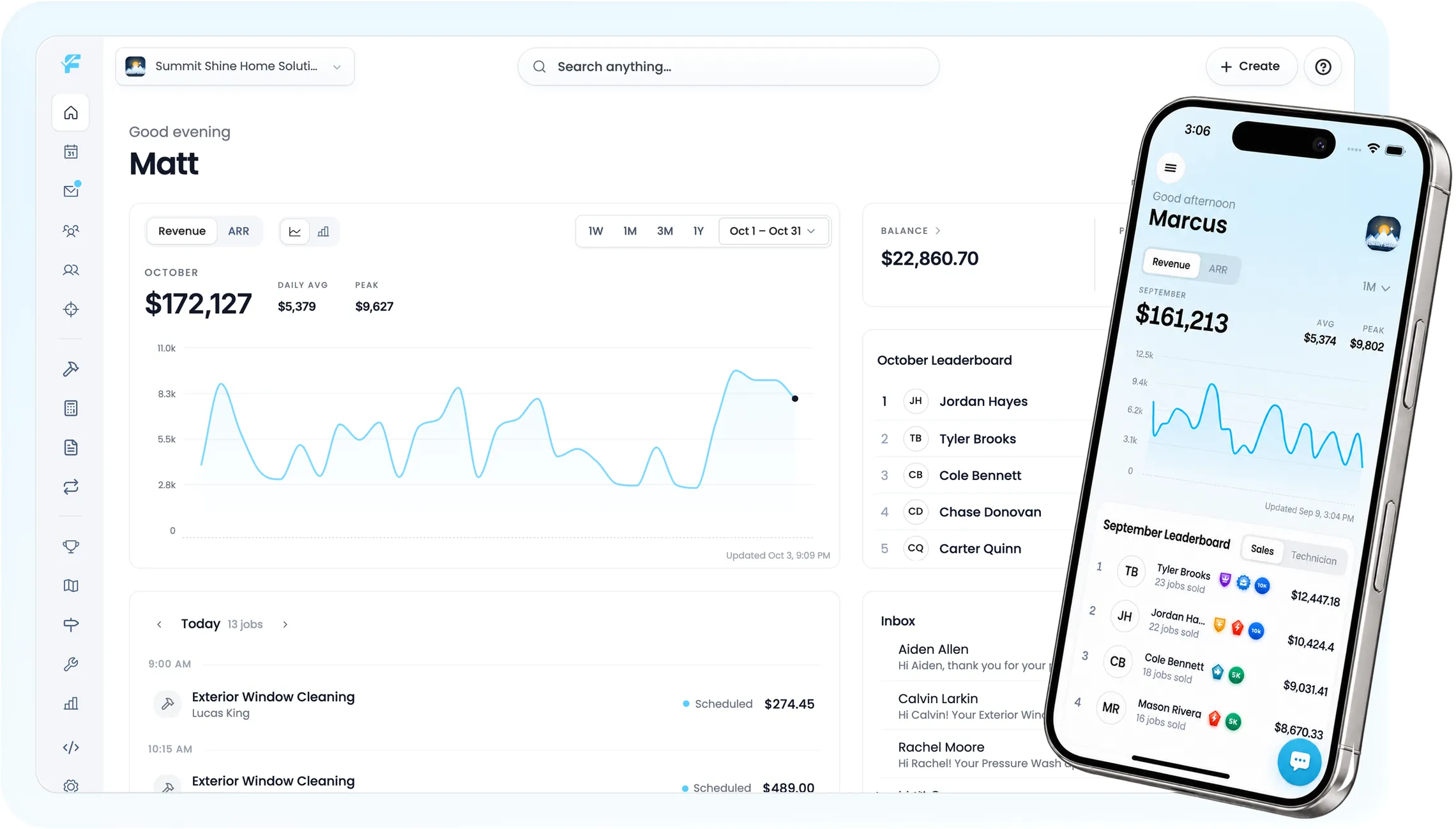 The Flyra dashboard in the new layout, showing revenue, balance, the team leaderboard, today's jobs and the inbox, next to the Flyra mobile app